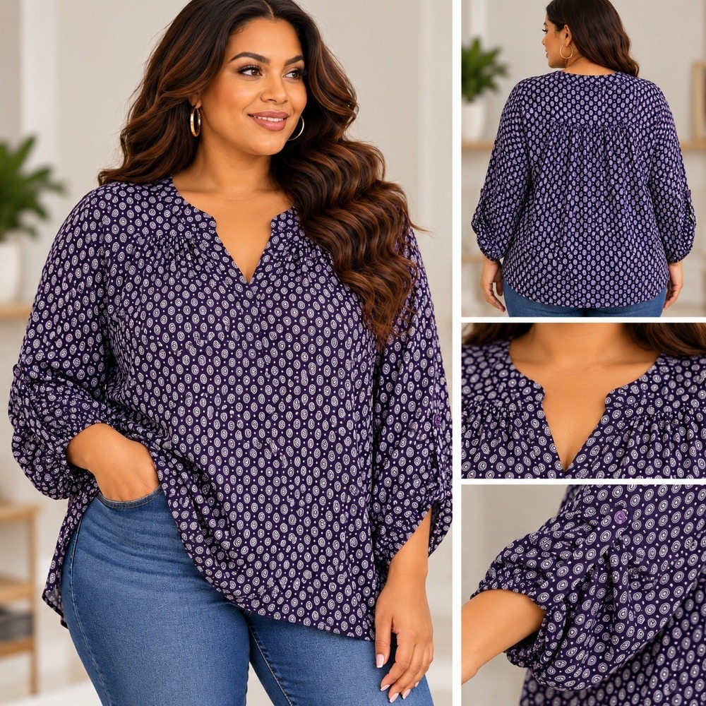 Dressbarn Woman Purple Geometric Medallion Roll Tab Sleeve Tunic Blouse 3X NWT